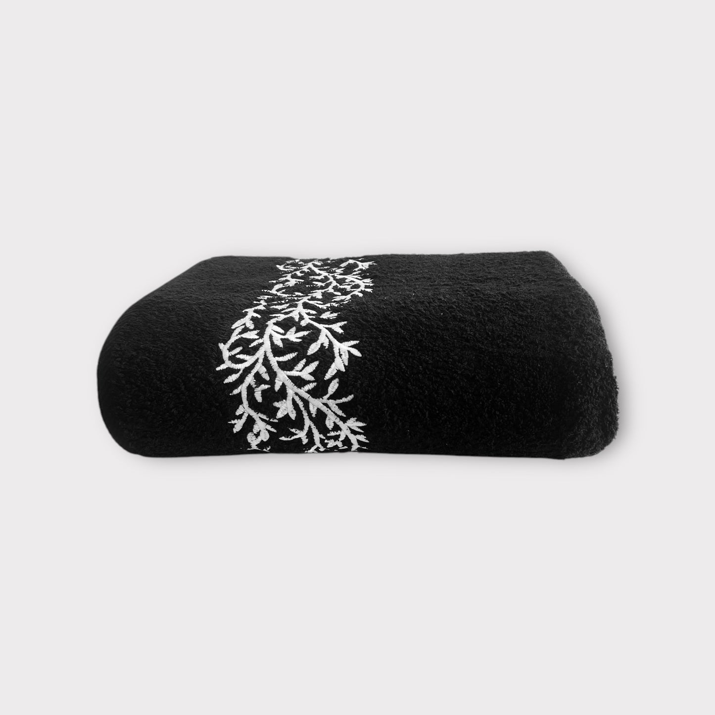 Bath Towel Leaves - White Thread on Black