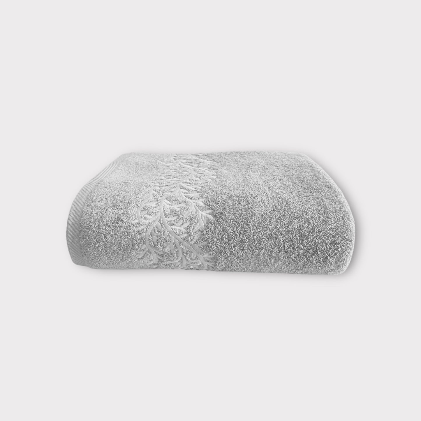 Bath Towel Leaves - White Thread on Grey