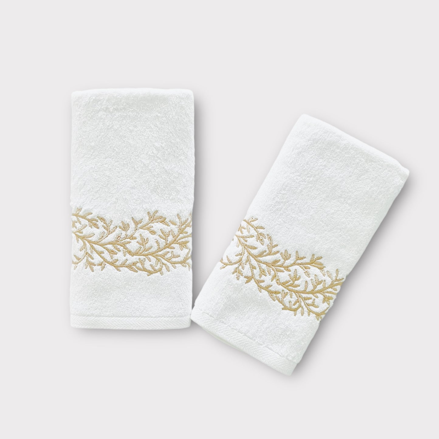 Hand Set Leaves - Gold Thread on White