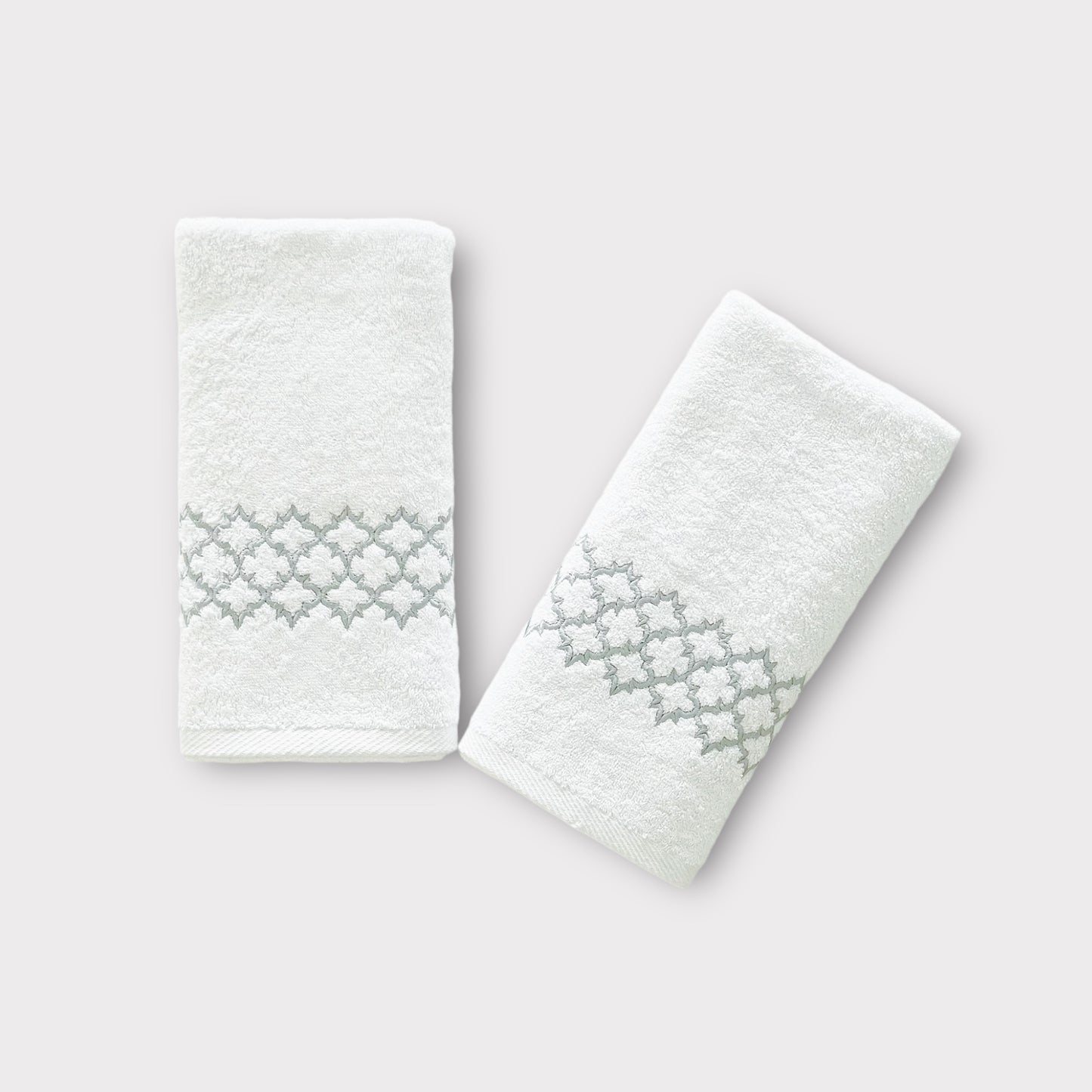 Hand Set Arabesque - Silver Thread on White