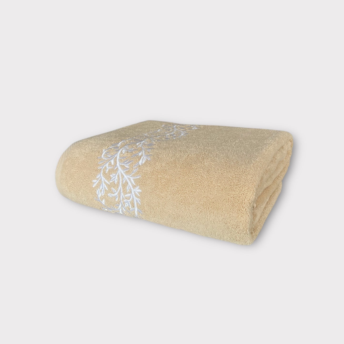 Bath Towel Leaves - White Thread on Beige