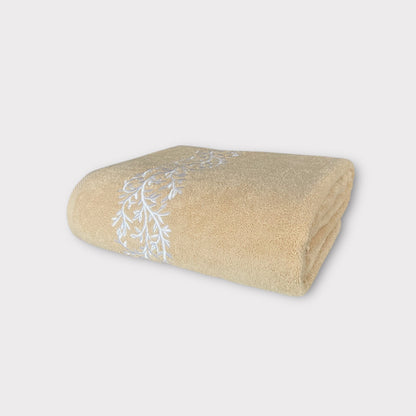 Bath Towel Leaves - White Thread on Beige