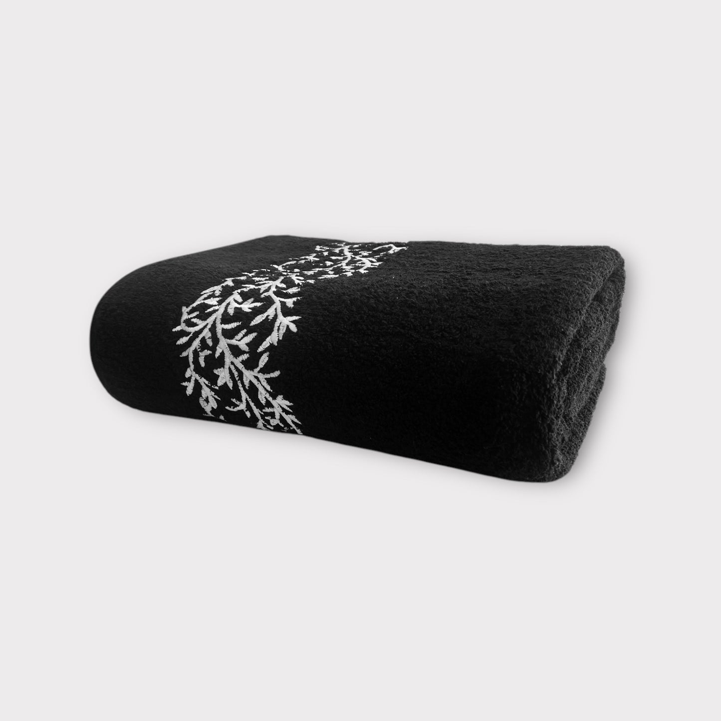 Bath Towel Leaves - White Thread on Black