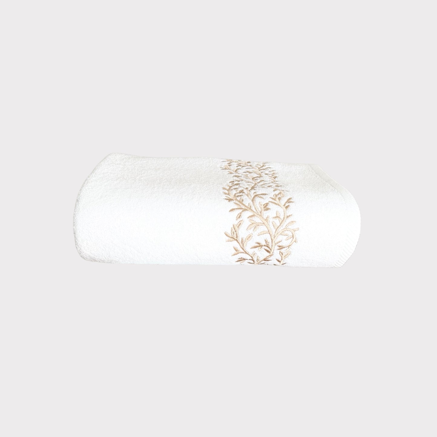 Bath Towel Leaves - Gold Thread on White